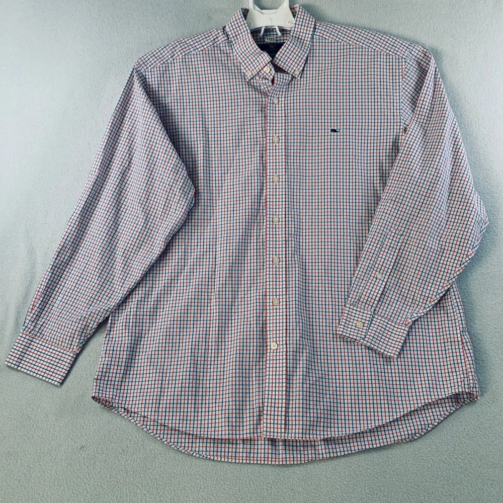 Vineyard Vines Whale Shirt Mens XL Red Blue Check Long Sleeve Button Down Cotton